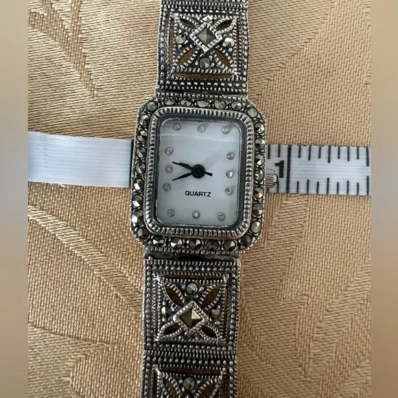 Vintage Art Deco Marcasite DBJ Sterling .925 Tank Watch with New Battery - Picture 12 of 15